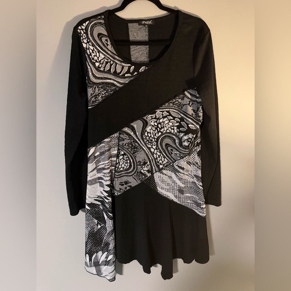 Bali Chic Black and Gray Patterned Tunic/Dress with handkerchief hem.